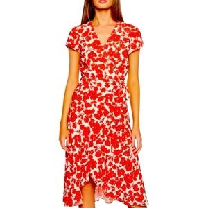 Bardot Poppy Red Floral Dress Women Size 6 Waist Tie Ruffle Asymmetrical Skirt